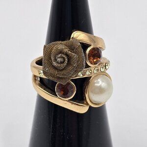 Brown Rhinestone Gold Tone Ring Size 6.5 3D Flower Abstract Artsy